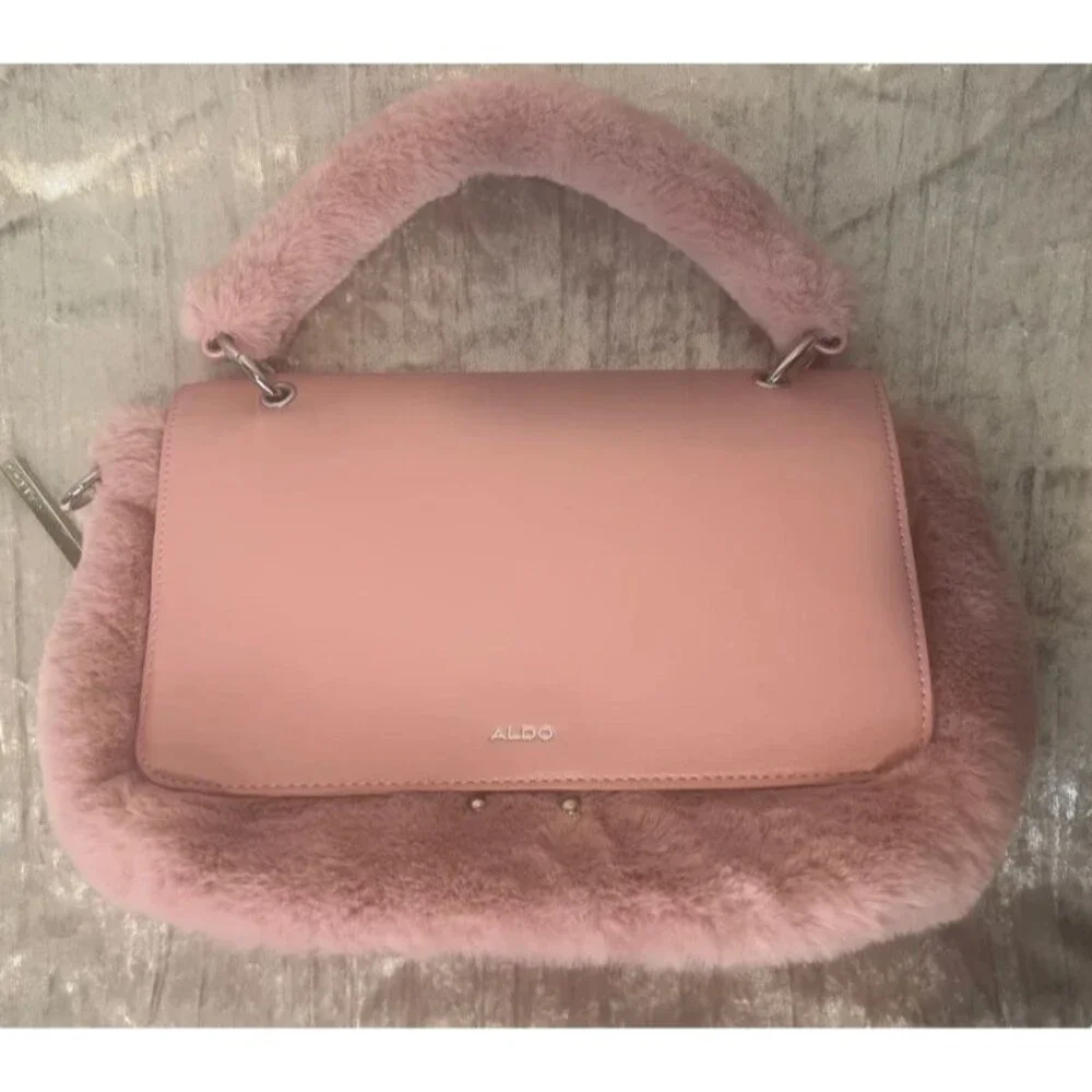 ALDO Pink Faux Fur Handbag Y2K Plush Top Handle Purse Silver Hardware